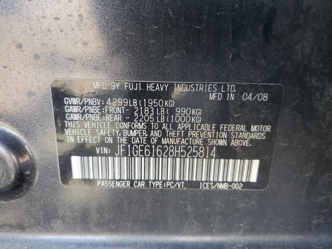 2008 Subaru Impreza 2.5I VIN: JF1GE61628H525814 Lot: 87124155