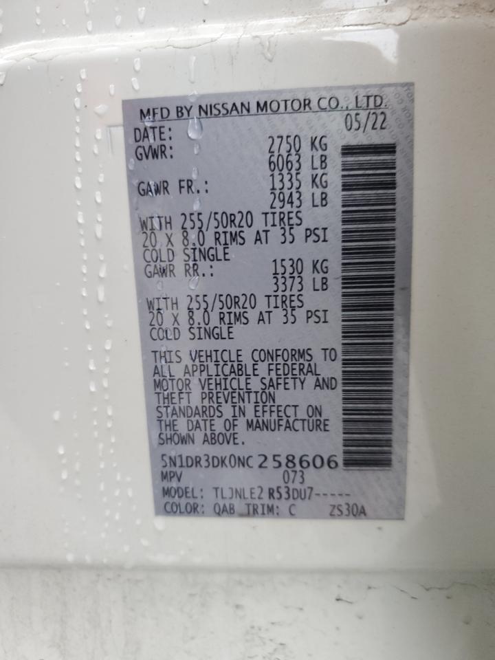 2022 Nissan Pathfinder Platinum VIN: 5N1DR3DK0NC258606 Lot: 82263985