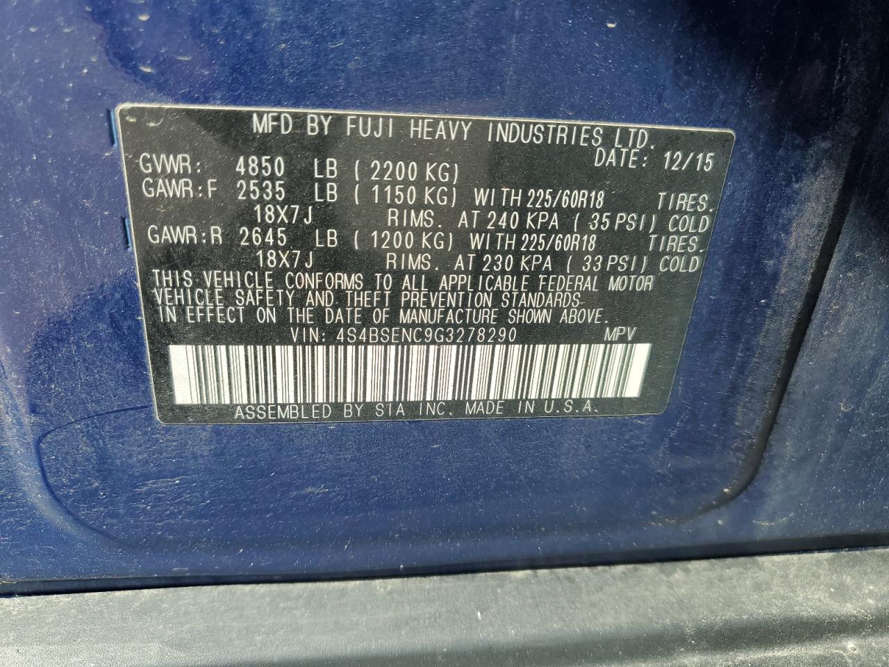 2016 Subaru Outback 3.6R Limited VIN: 4S4BSENC9G3278290 Lot: 81983045