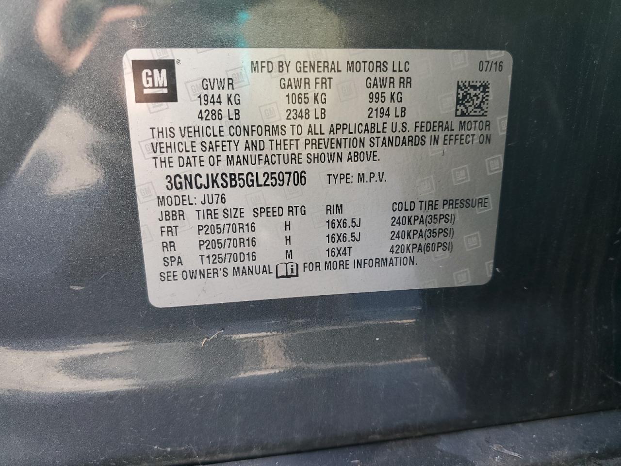 2016 Chevrolet Trax Ls VIN: 3GNCJKSB5GL259706 Lot: 82334505