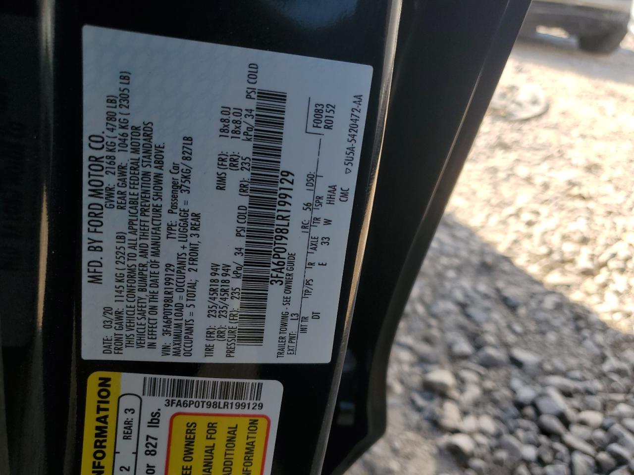 2020 Ford Fusion Se VIN: 3FA6P0T98LR199129 Lot: 85762255