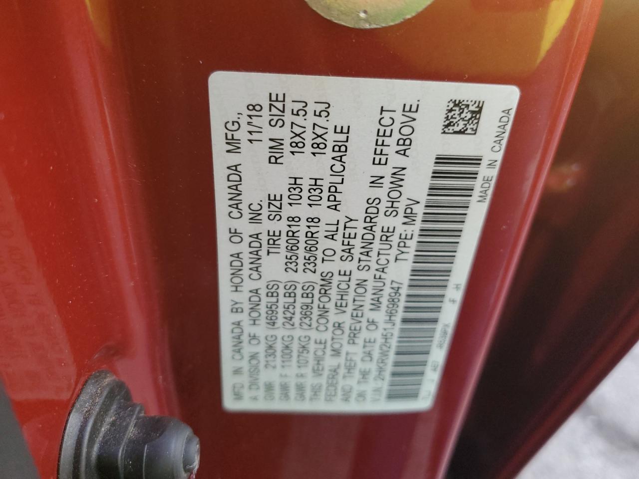 2018 Honda Cr-V Ex VIN: 2HKRW2H51JH698947 Lot: 82692185