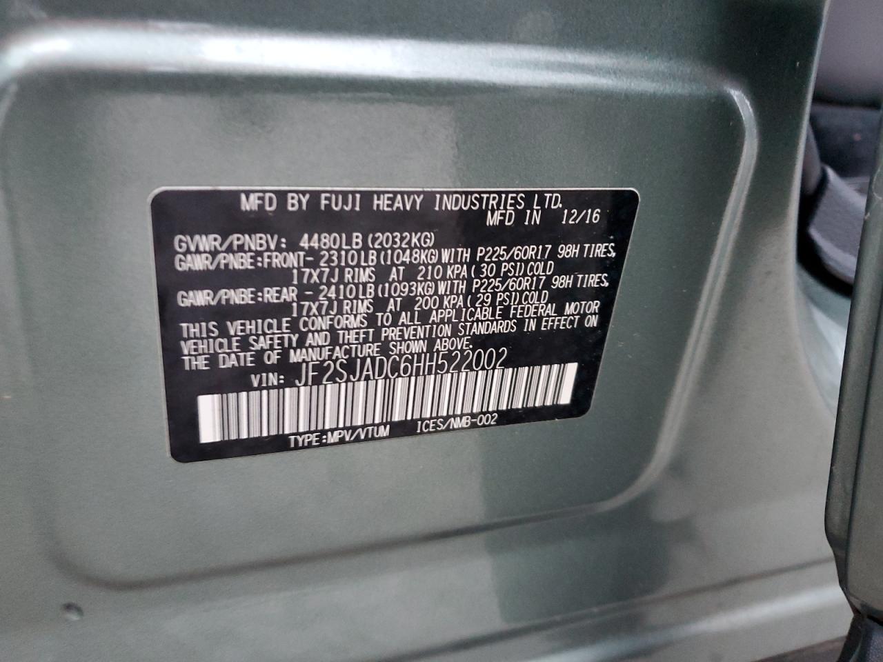 2017 Subaru Forester 2.5I Premium VIN: JF2SJADC6HH522002 Lot: 89885995