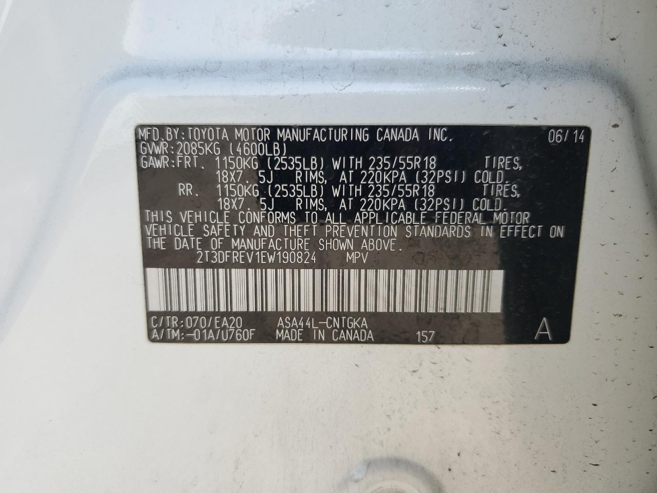 2014 Toyota Rav4 Limited VIN: 2T3DFREV1EW190824 Lot: 85267485