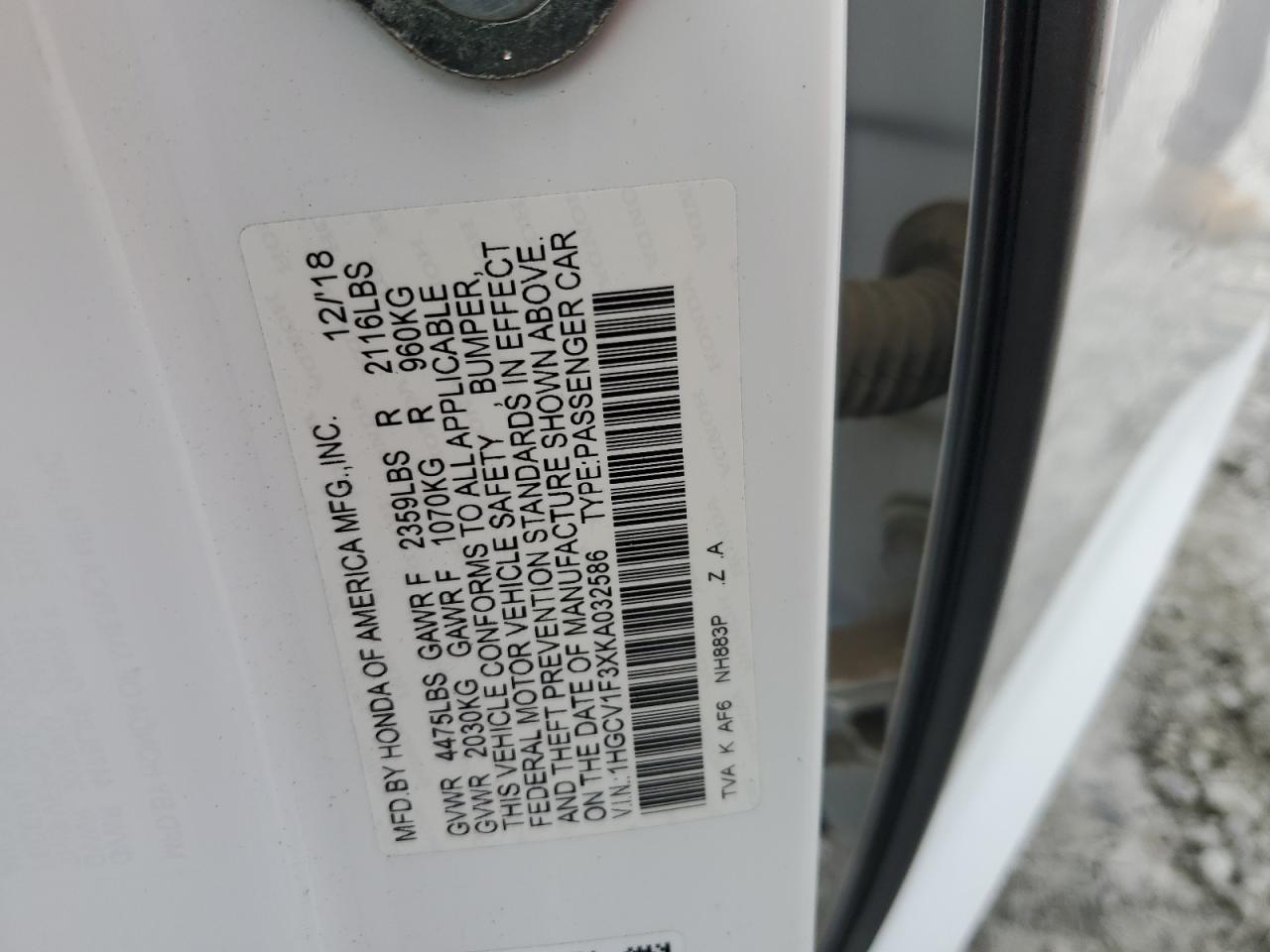 2019 Honda Accord Sport VIN: 1HGCV1F3XKA032586 Lot: 85828175