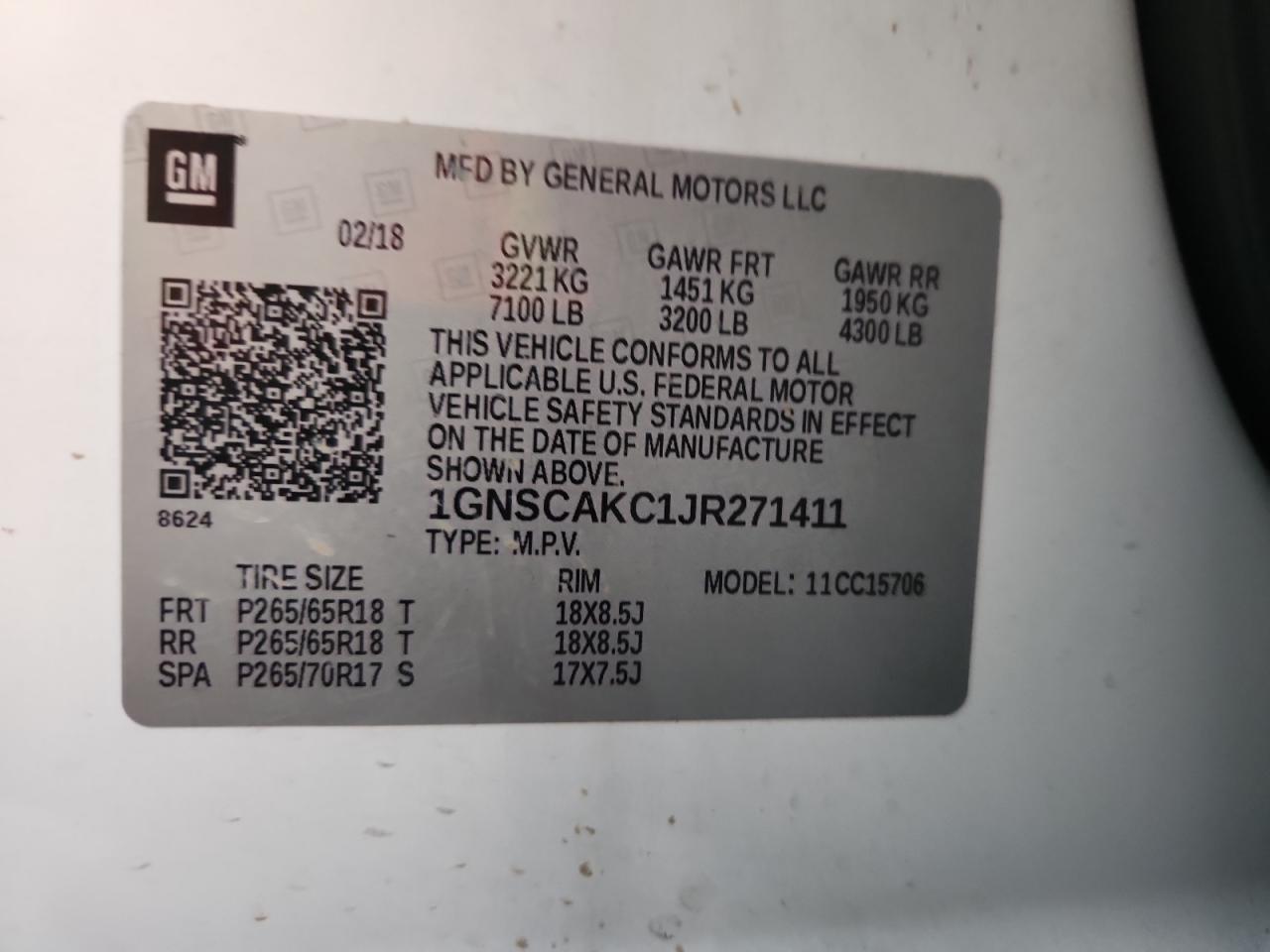 2018 Chevrolet Tahoe C1500 Ls VIN: 1GNSCAKC1JR271411 Lot: 86461905