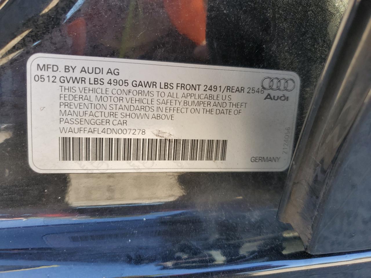 2013 Audi A4 Premium Plus VIN: WAUFFAFL4DN007278 Lot: 82246215