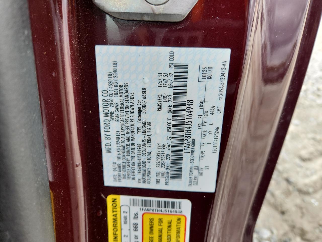 2018 Ford Mustang VIN: 1FA6P8TH4J5164948 Lot: 90594415