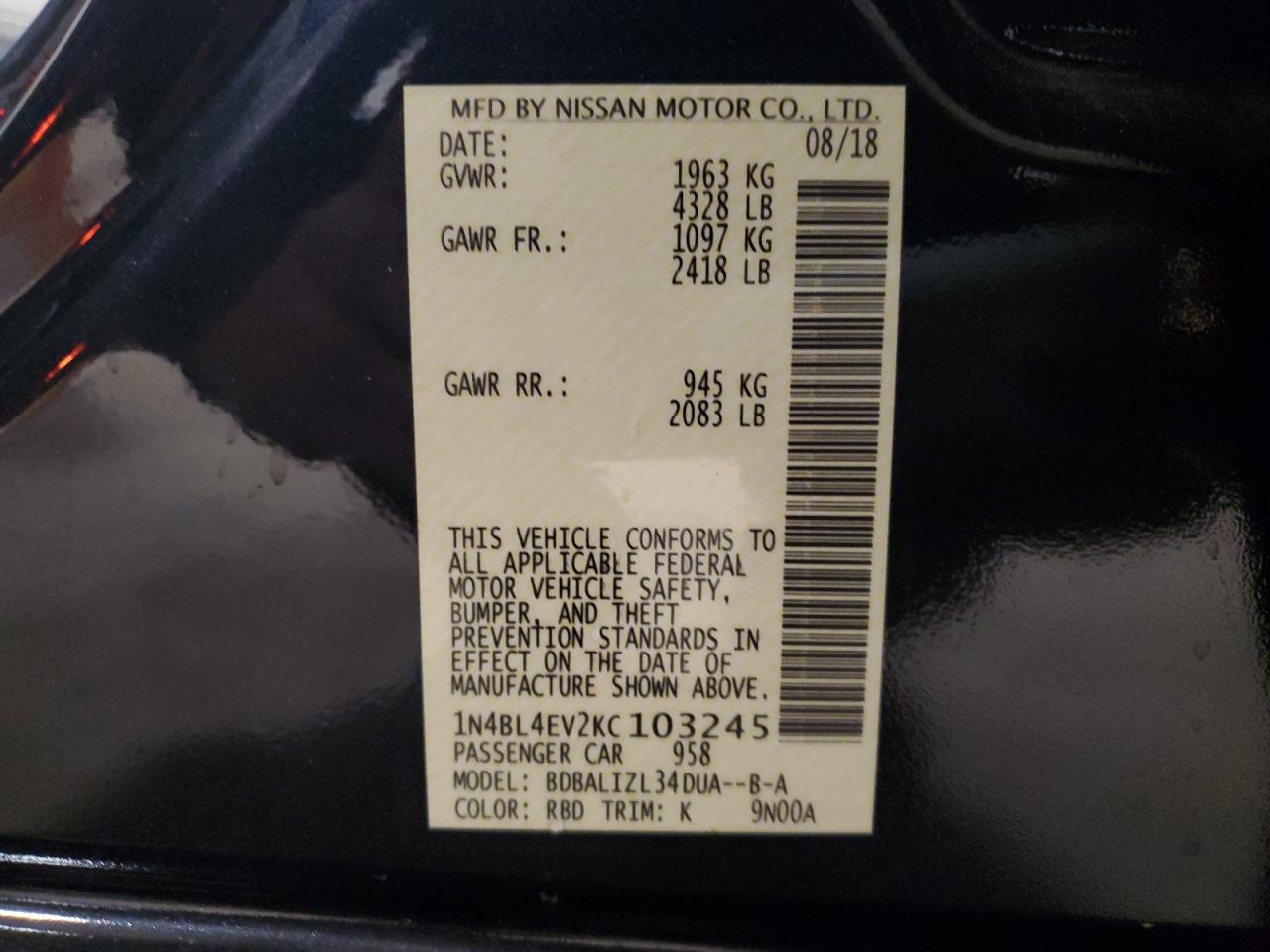 2019 Nissan Altima Sl VIN: 1N4BL4EV2KC103245 Lot: 86061535