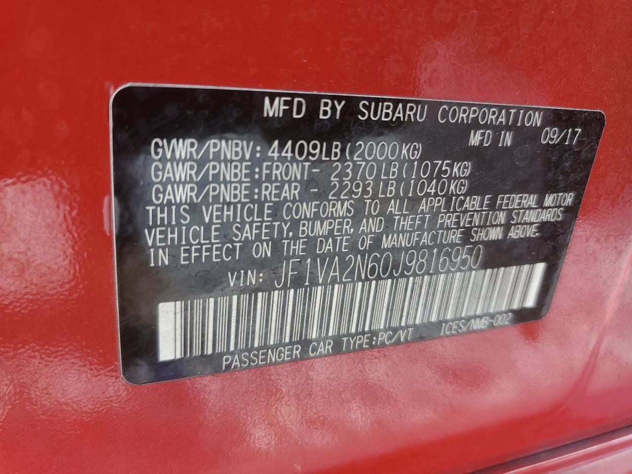 2018 Subaru Wrx Sti VIN: JF1VA2N60J9816950 Lot: 85502655