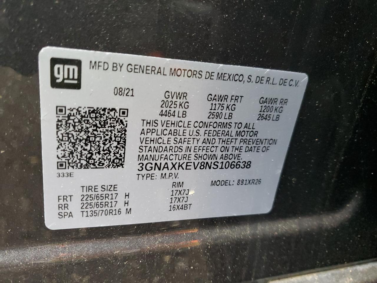 2022 Chevrolet Equinox Lt VIN: 3GNAXKEV8NS106638 Lot: 85121555