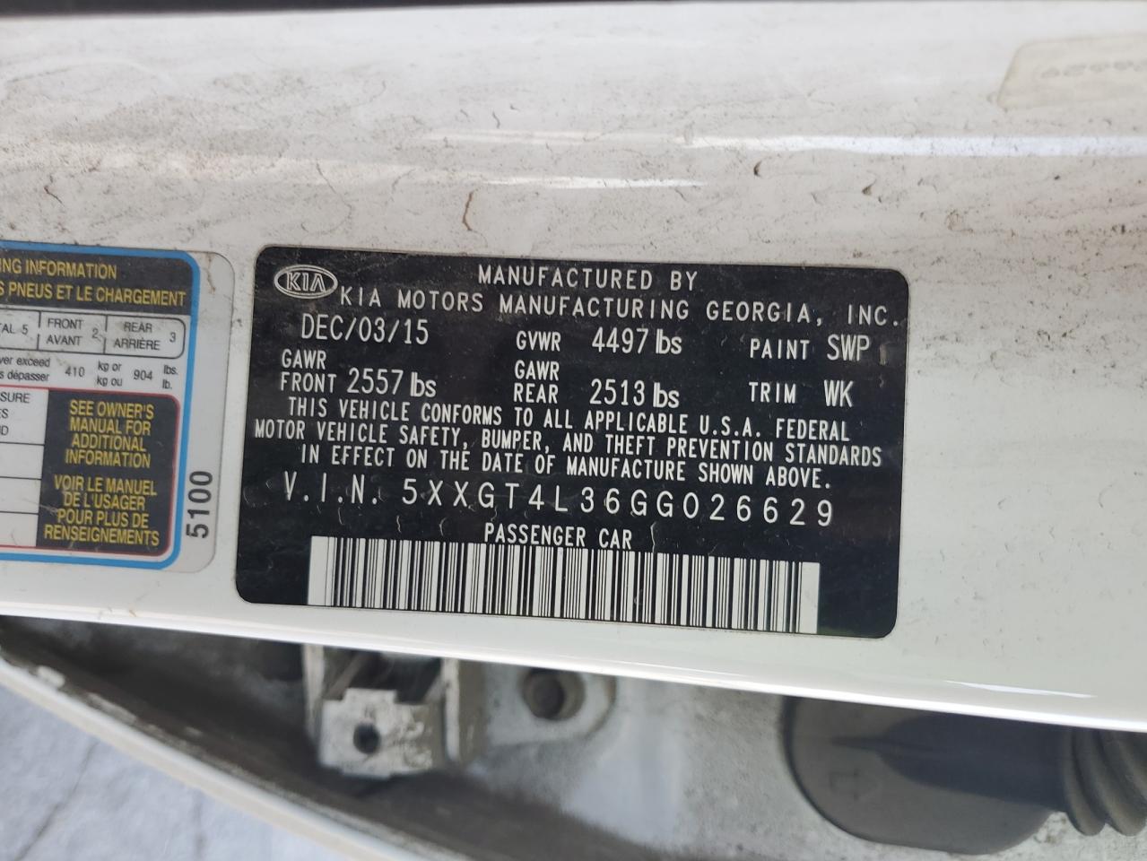 2016 Kia Optima Lx VIN: 5XXGT4L36GG026629 Lot: 82002885