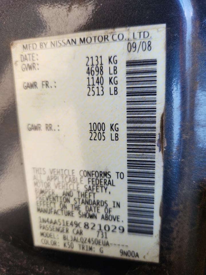 2009 Nissan Maxima S VIN: 1N4AA51E49C821029 Lot: 84368835