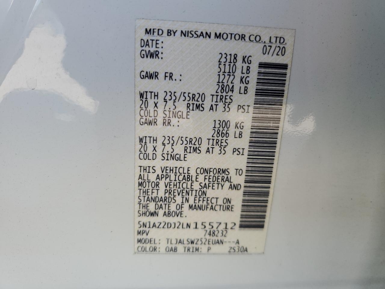 2020 Nissan Murano Platinum VIN: 5N1AZ2DJ2LN155712 Lot: 84913415