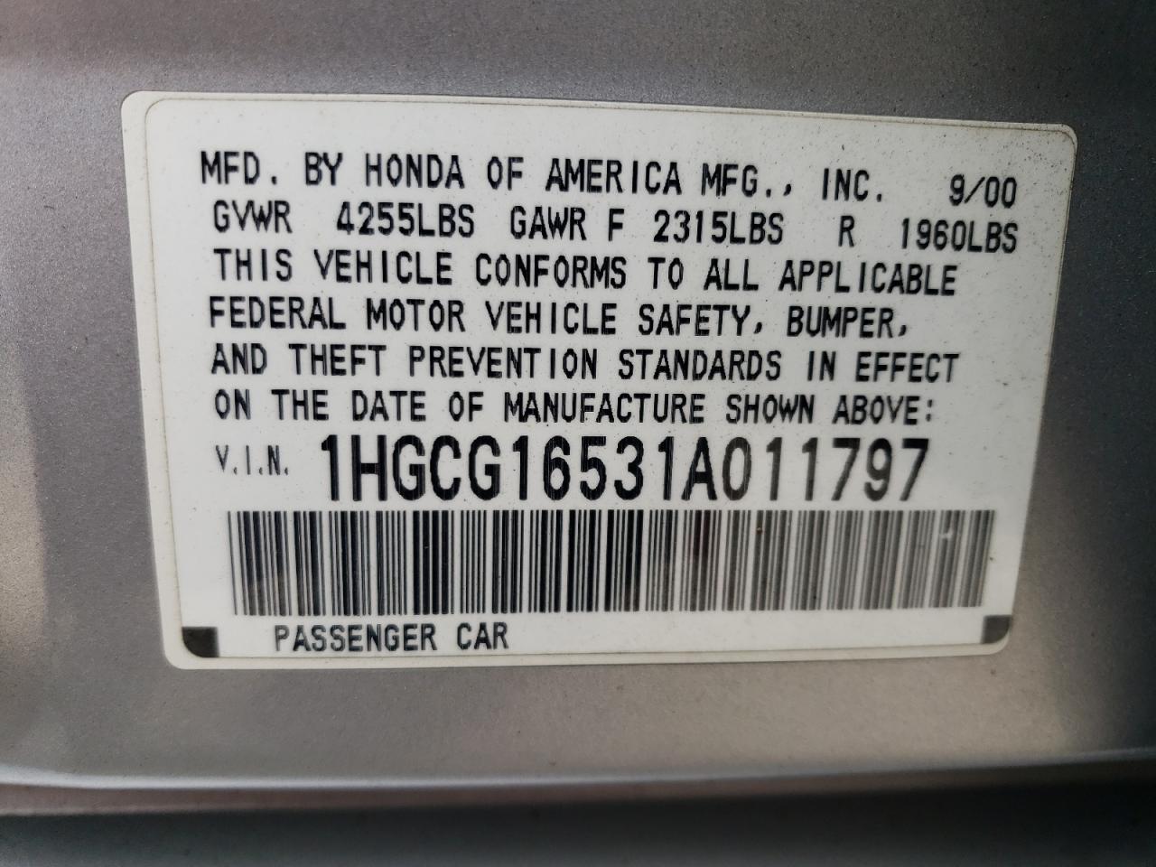2001 Honda Accord Ex VIN: 1HGCG16531A011797 Lot: 85896145