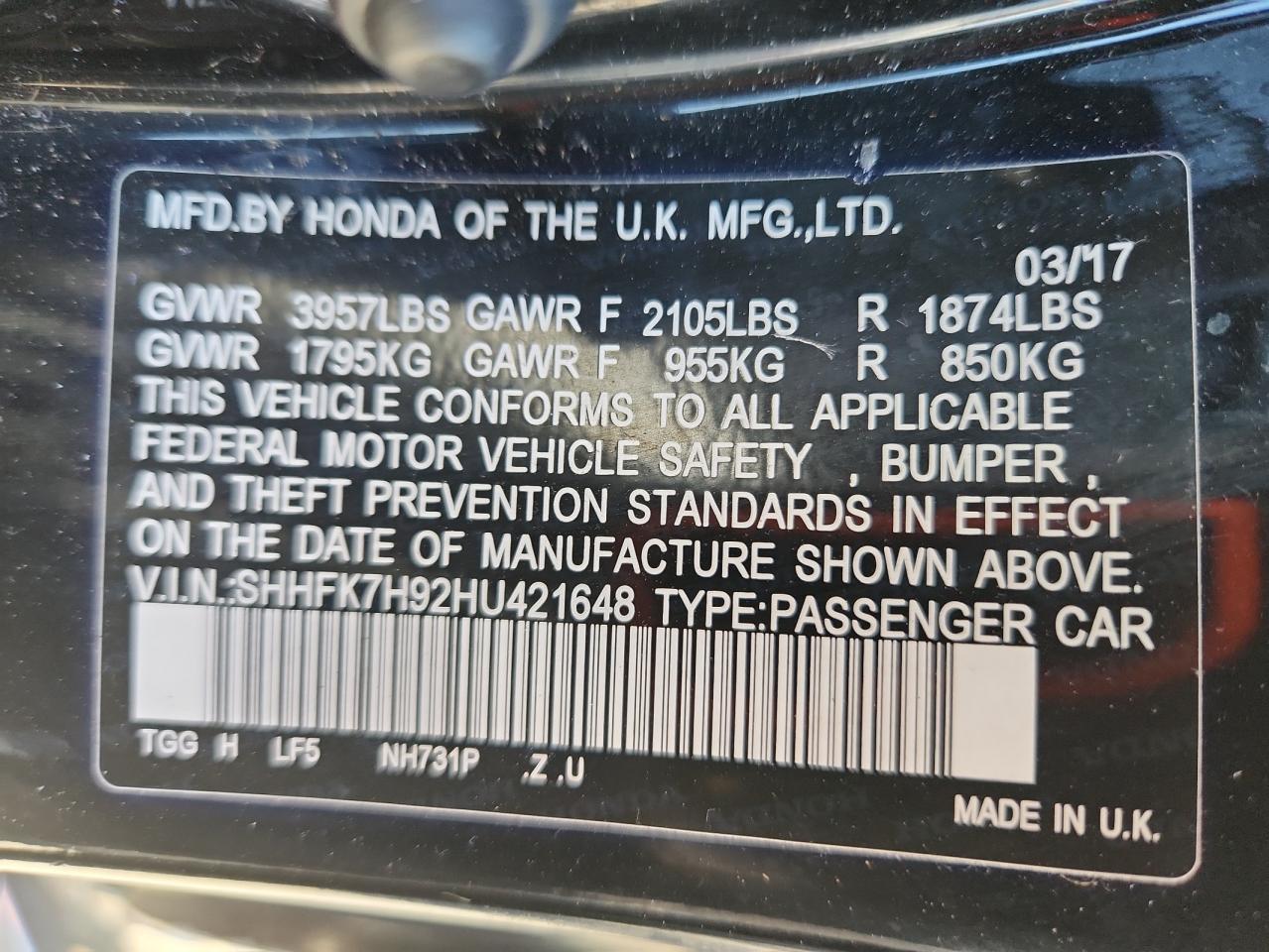 2017 Honda Civic Sport Touring VIN: SHHFK7H92HU421648 Lot: 84596105