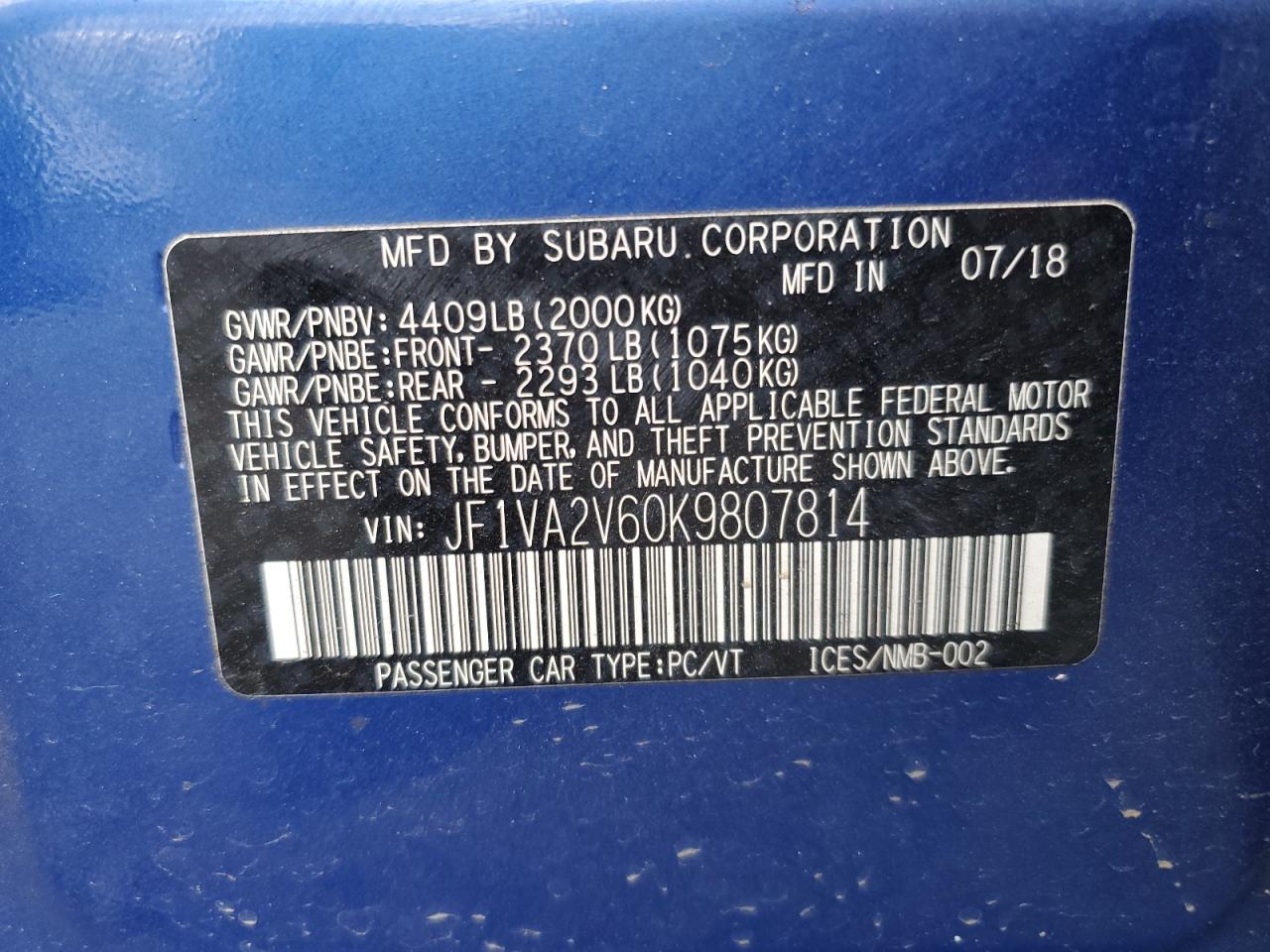 2019 Subaru Wrx Sti Limited VIN: JF1VA2V60K9807814 Lot: 87117745