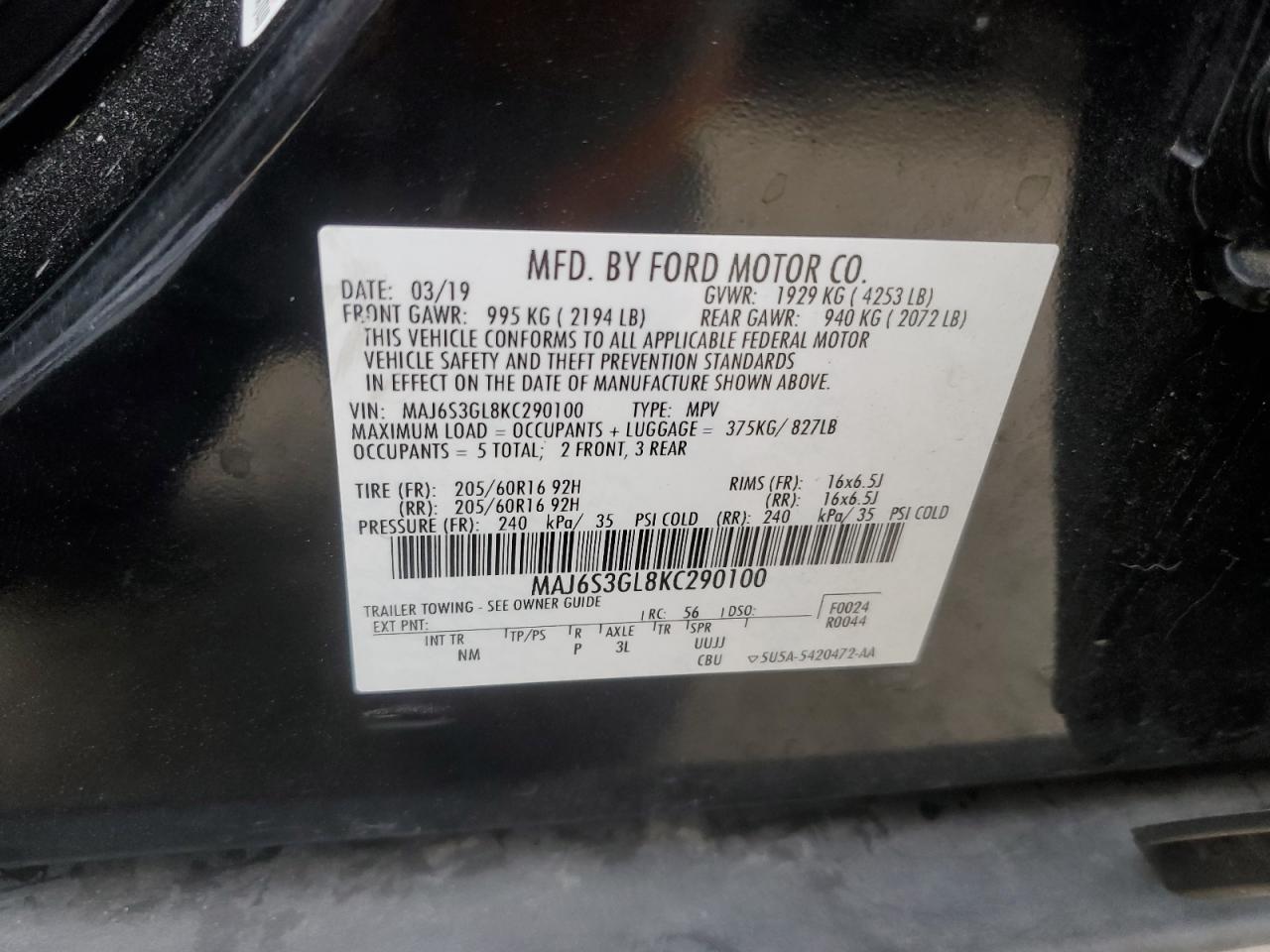 2019 Ford Ecosport Se VIN: MAJ6S3GL8KC290100 Lot: 94361945