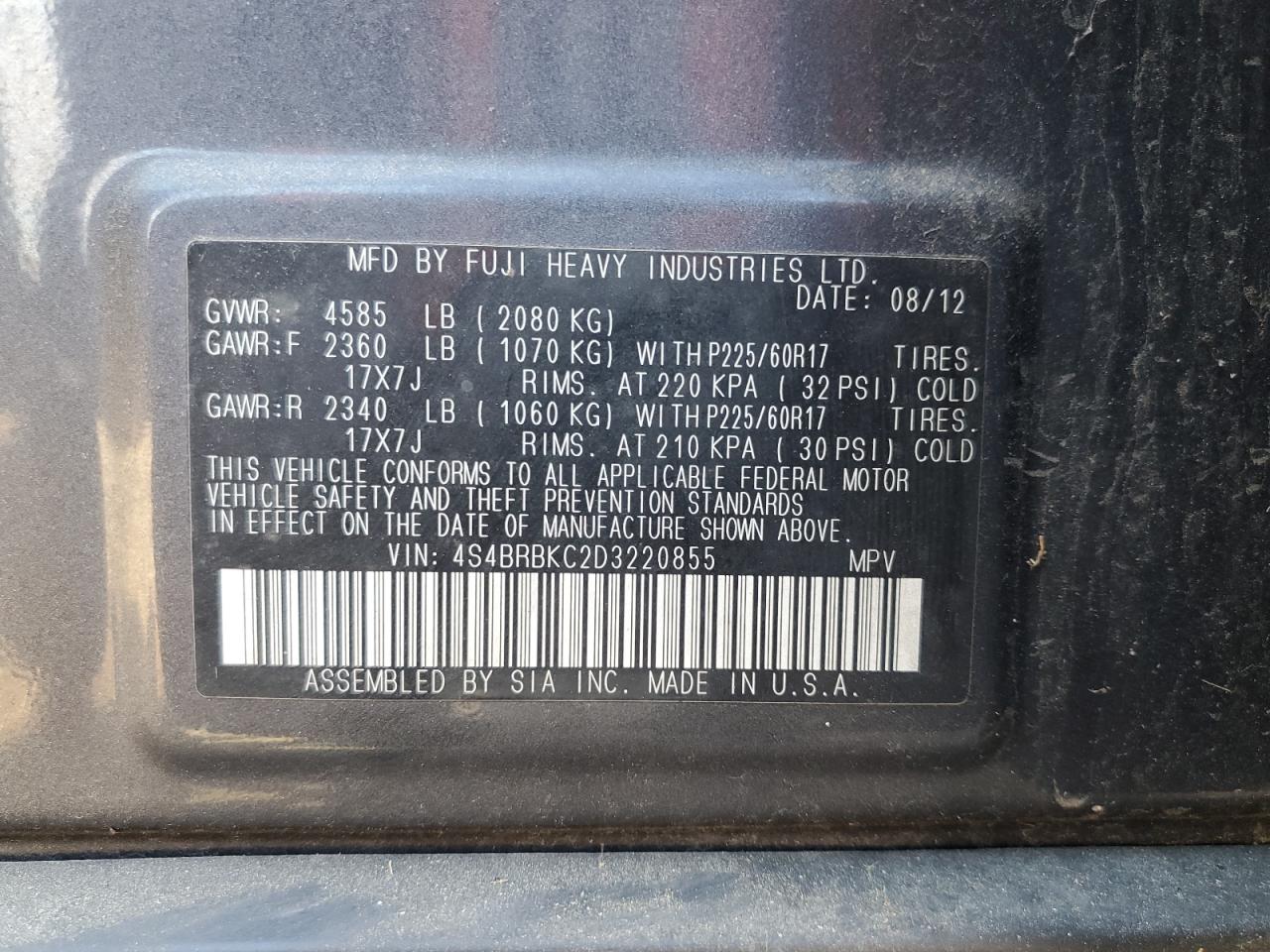 2013 Subaru Outback 2.5I Limited VIN: 4S4BRBKC2D3220855 Lot: 82473785