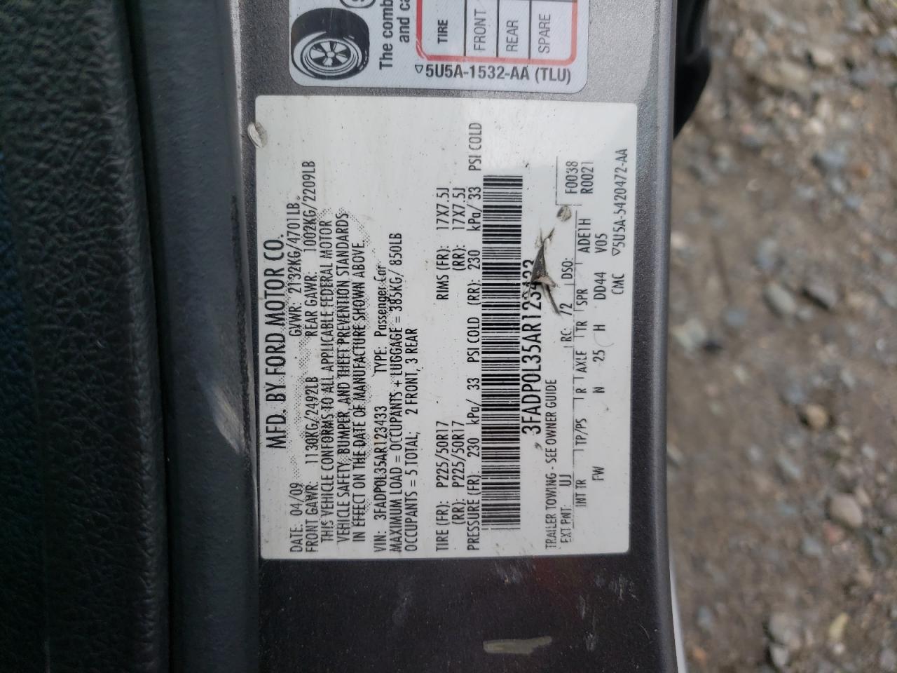 2010 Ford Fusion Hybrid VIN: 3FADP0L35AR123433 Lot: 86688165