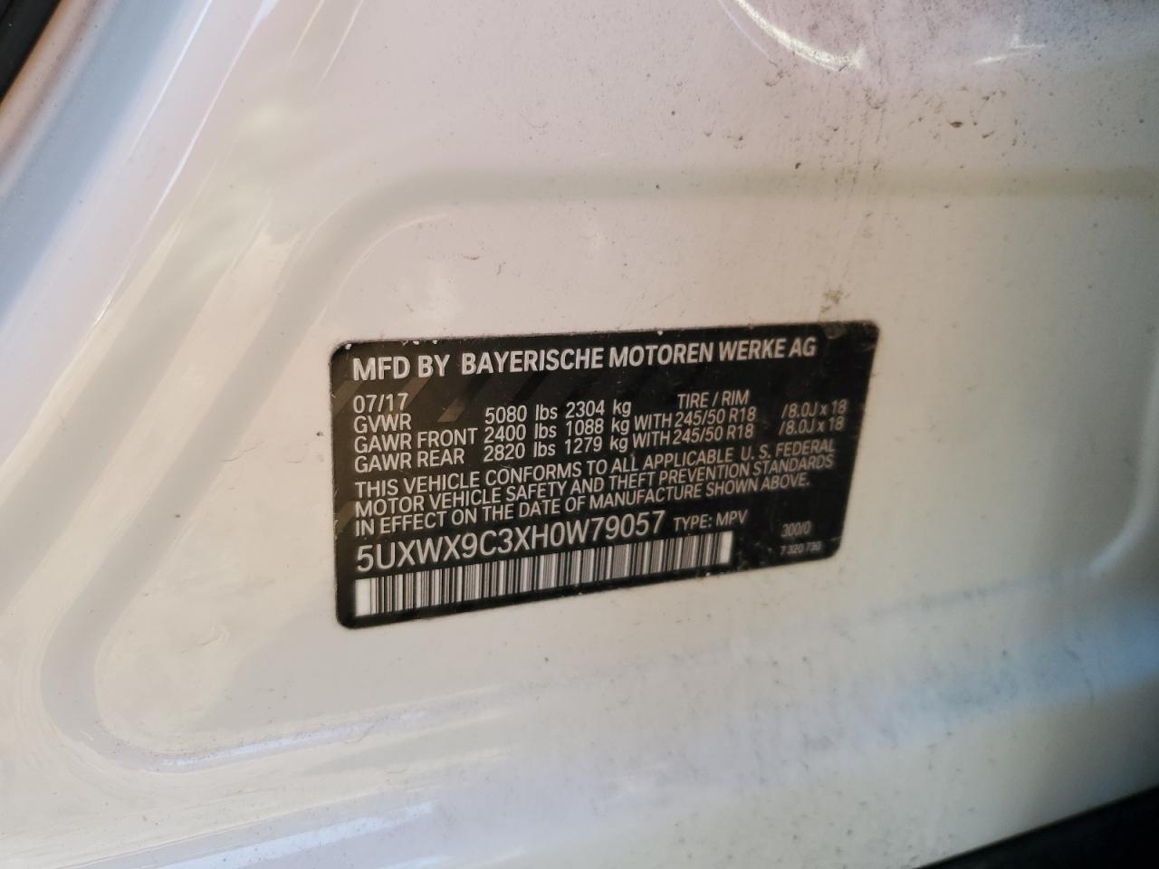 2017 BMW X3 xDrive28I VIN: 5UXWX9C3XH0W79057 Lot: 82271745