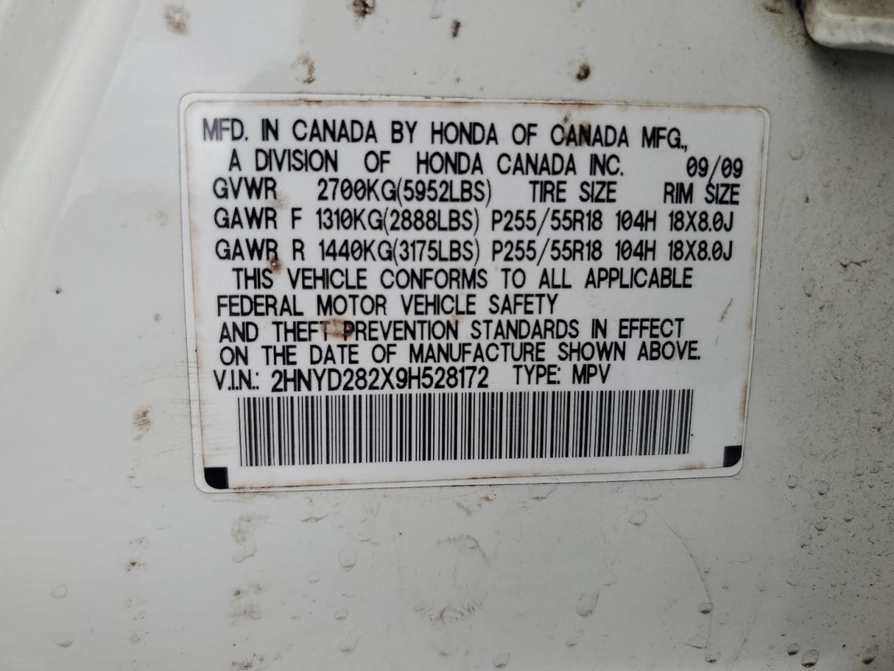 2009 Acura Mdx VIN: 2HNYD282X9H528172 Lot: 85693655