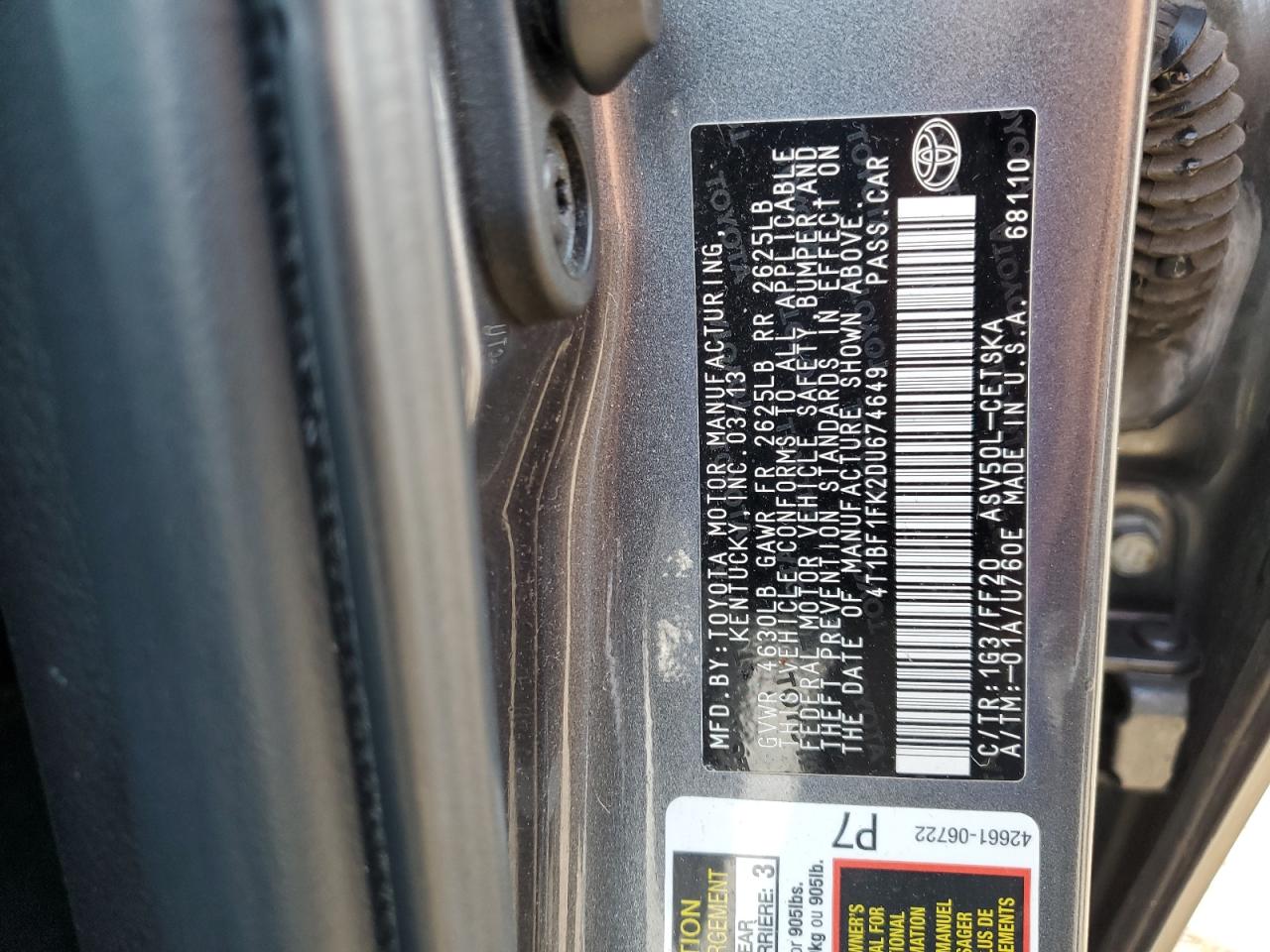 2013 Toyota Camry L VIN: 4T1BF1FK2DU674649 Lot: 85141315