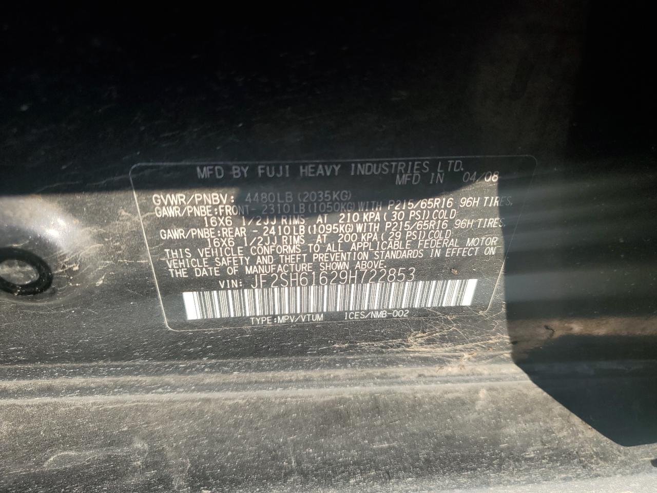 2009 Subaru Forester 2.5X VIN: JF2SH61629H722853 Lot: 86125755