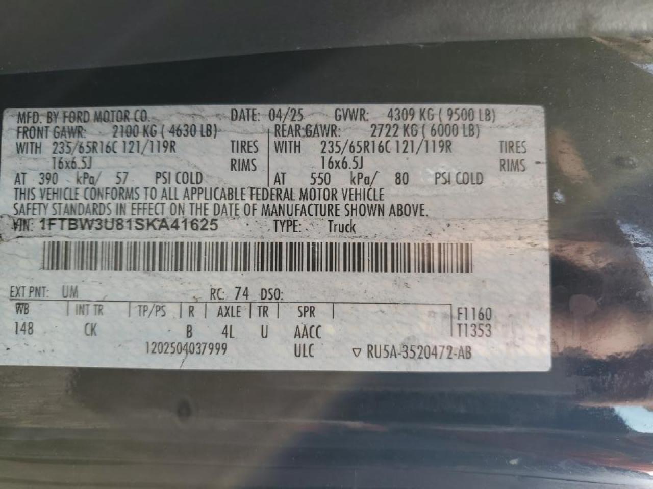 2025 Ford Transit 350 Delivery Van VIN: 1FTBW3U81SKA41625 Lot: 89926805