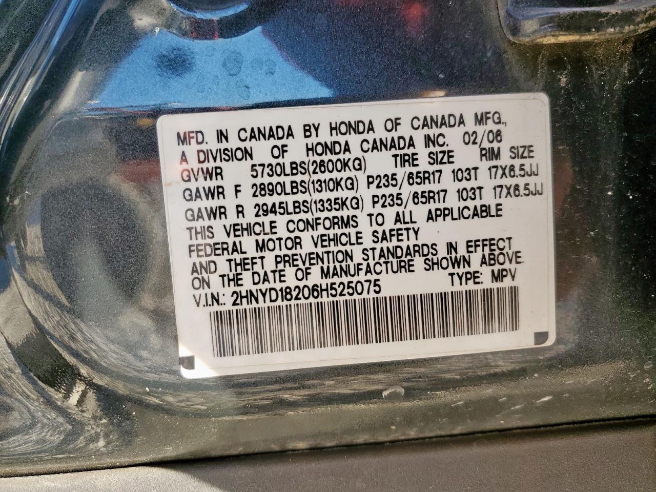 2006 Acura Mdx VIN: 2HNYD18206H525075 Lot: 85911605