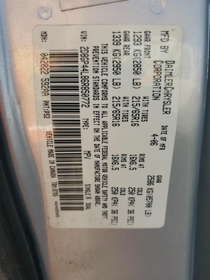 2006 Dodge Grand Caravan Sxt VIN: 2D8GP44L86R850772 Lot: 86501955