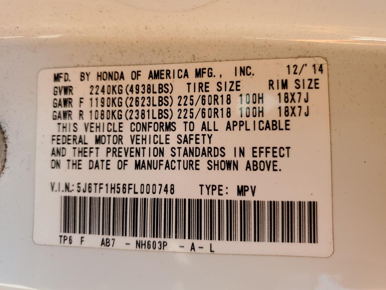 2015 Honda Crosstour Exl VIN: 5J6TF1H56FL000748 Lot: 82665815