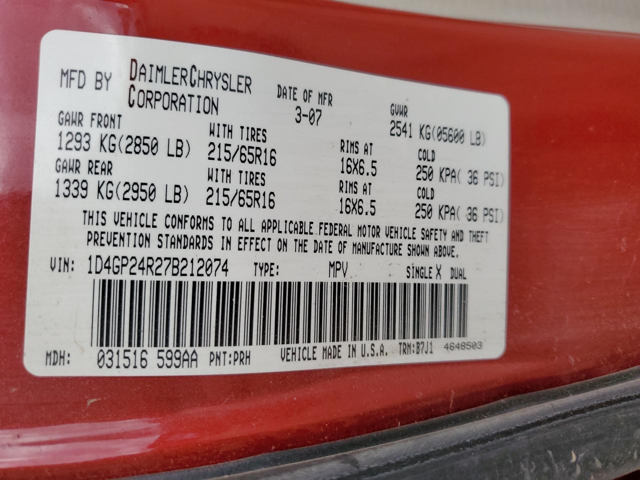 2007 Dodge Grand Caravan Se VIN: 1D4GP24R27B212074 Lot: 85487905