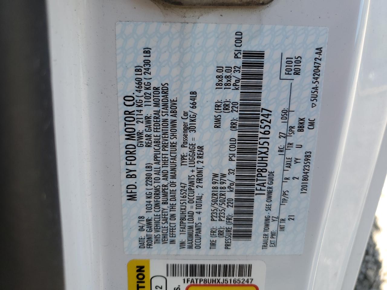 2018 Ford Mustang VIN: 1FATP8UHXJ5165247 Lot: 85148075