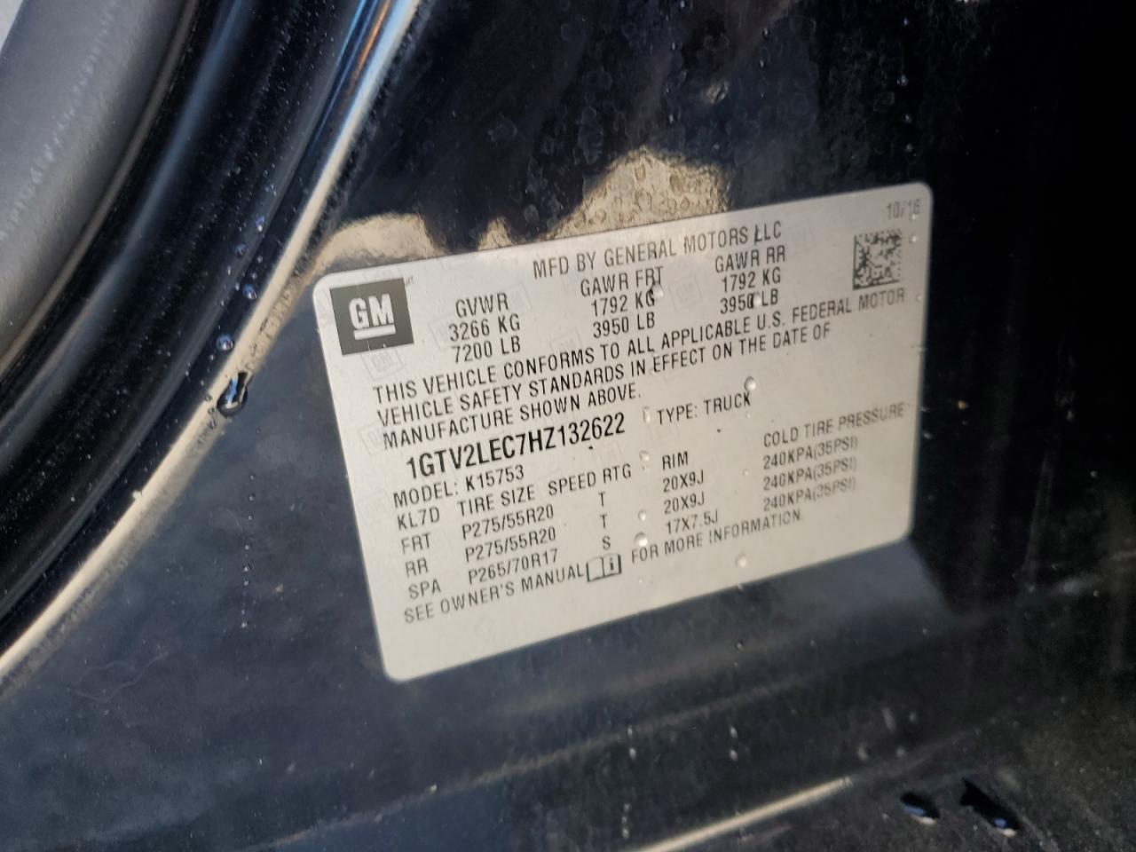 2017 GMC Sierra K1500 VIN: 1GTV2LEC7HZ132622 Lot: 86285865