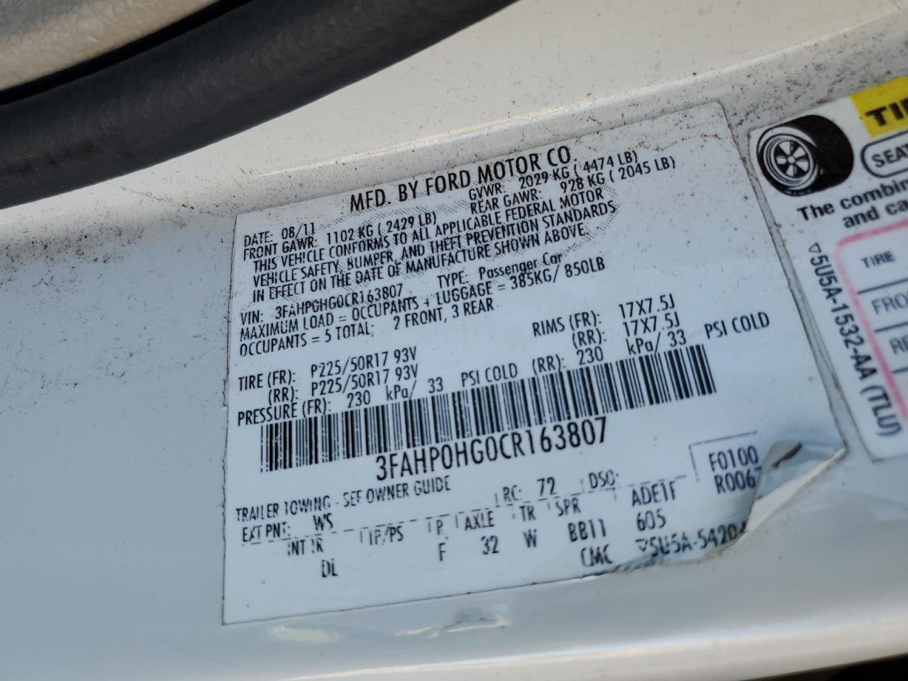 2012 Ford Fusion Se VIN: 3FAHP0HG0CR163807 Lot: 91056535