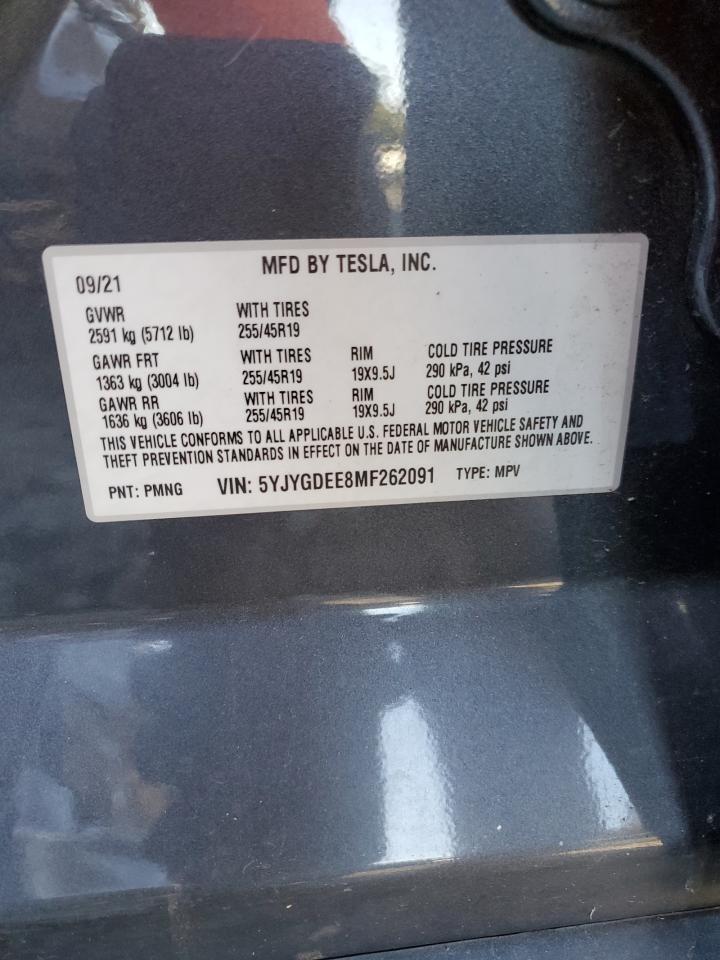 2021 Tesla Model Y VIN: 5YJYGDEE8MF262091 Lot: 82178925