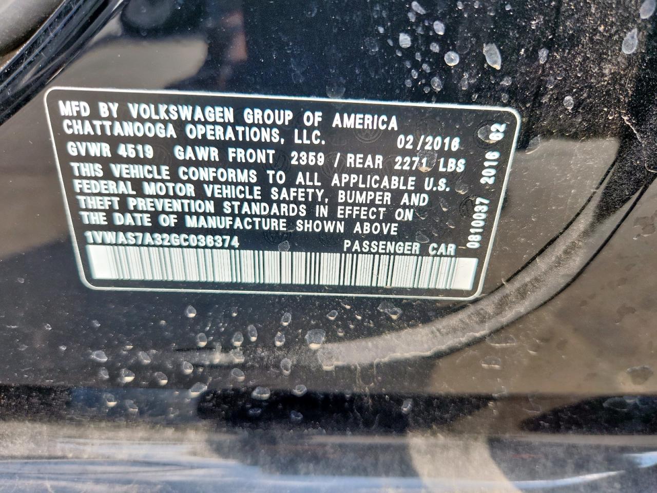 2016 Volkswagen Passat S VIN: 1VWAS7A32GC036374 Lot: 85905325