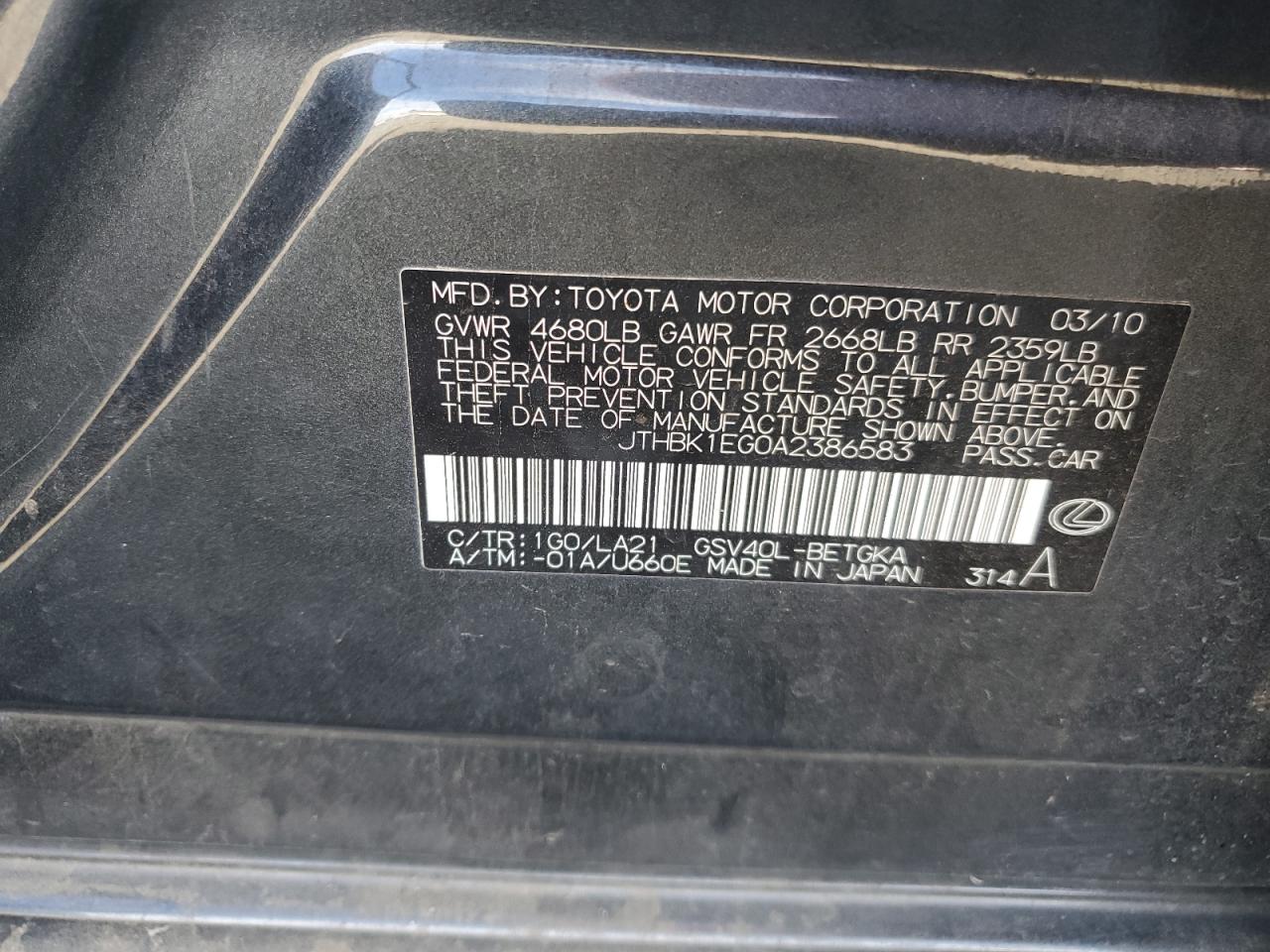 2010 Lexus Es 350 VIN: JTHBK1EG0A2386583 Lot: 82418745