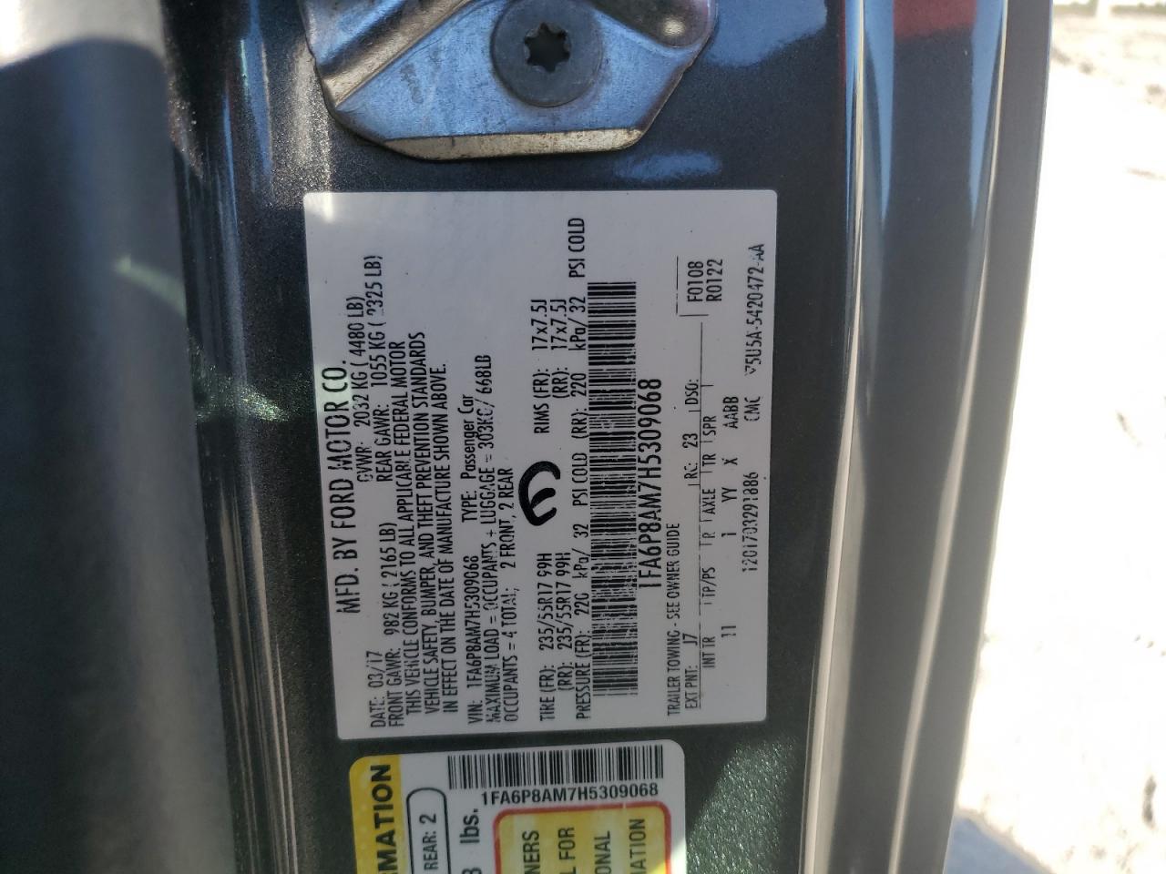 2017 Ford Mustang VIN: 1FA6P8AM7H5309068 Lot: 90857385