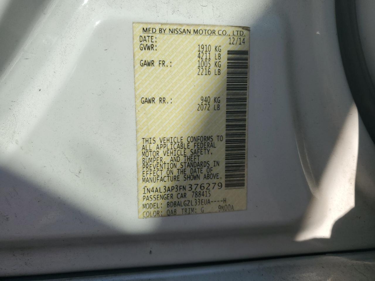 2015 Nissan Altima 2.5 VIN: 1N4AL3AP3FN376279 Lot: 86123195