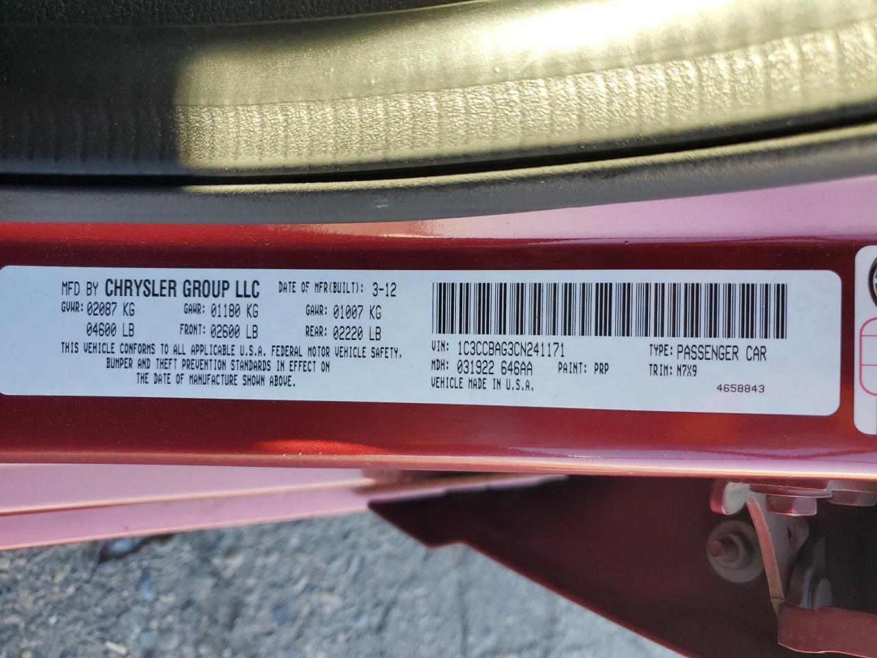 2012 Chrysler 200 Lx VIN: 1C3CCBAG3CN241171 Lot: 82594875