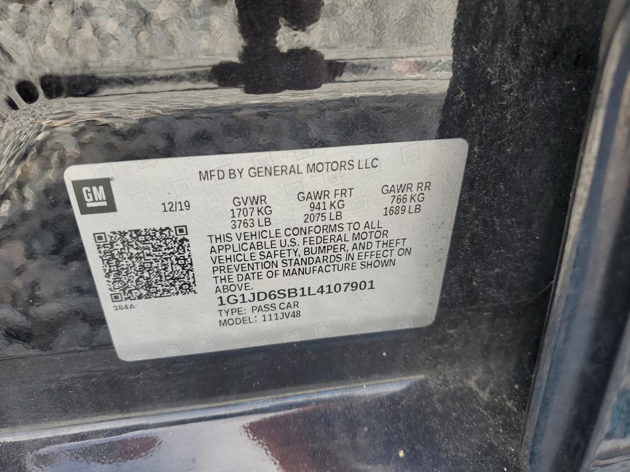 2020 Chevrolet Sonic Lt VIN: 1G1JD6SB1L4107901 Lot: 85551785