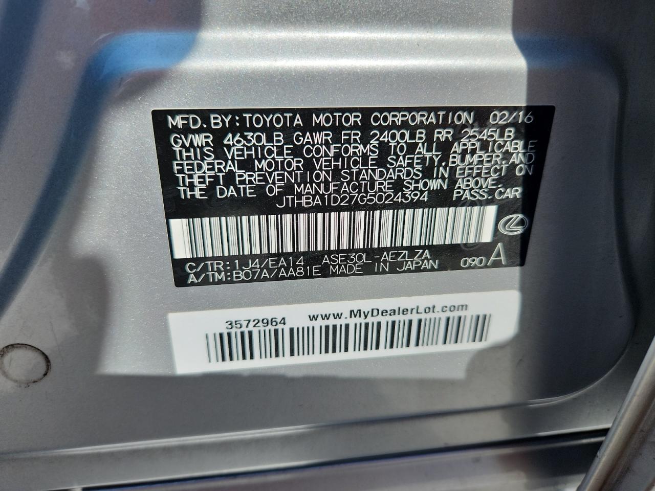 2016 Lexus Is 200T VIN: JTHBA1D27G5024394 Lot: 86515175