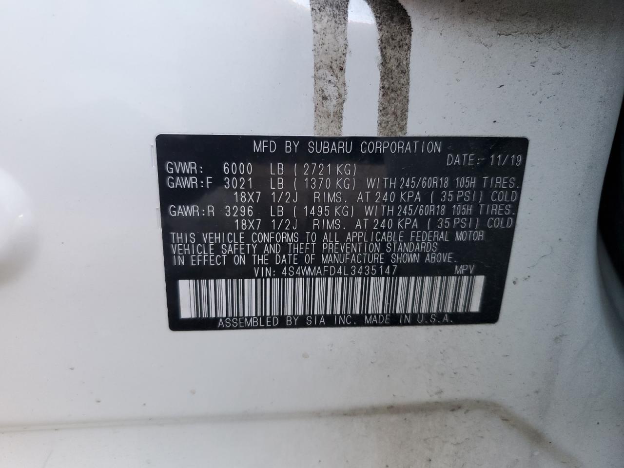 2020 Subaru Ascent Premium VIN: 4S4WMAFD4L3435147 Lot: 82009675