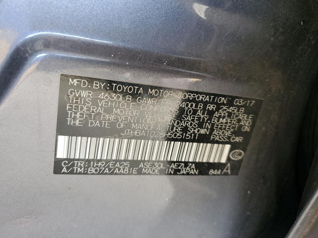 2017 Lexus Is 200T VIN: JTHBA1D28H5051511 Lot: 82762405