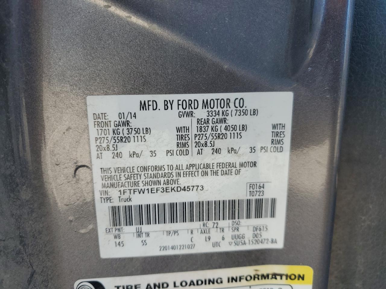 2014 Ford F150 Supercrew VIN: 1FTFW1EF3EKD45773 Lot: 82782725