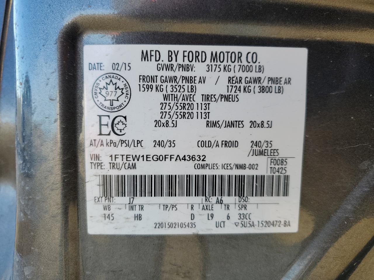 2015 Ford F150 Supercrew VIN: 1FTEW1EG0FFA43632 Lot: 85390125