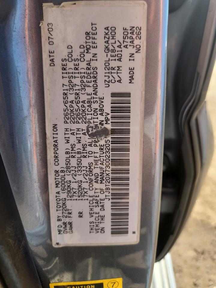 2003 Lexus Gx 470 VIN: JTJBT20X730023205 Lot: 85139895