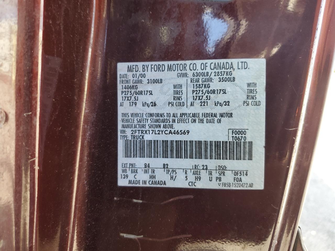 2000 Ford F150 VIN: 2FTRX17L2YCA46569 Lot: 90633935